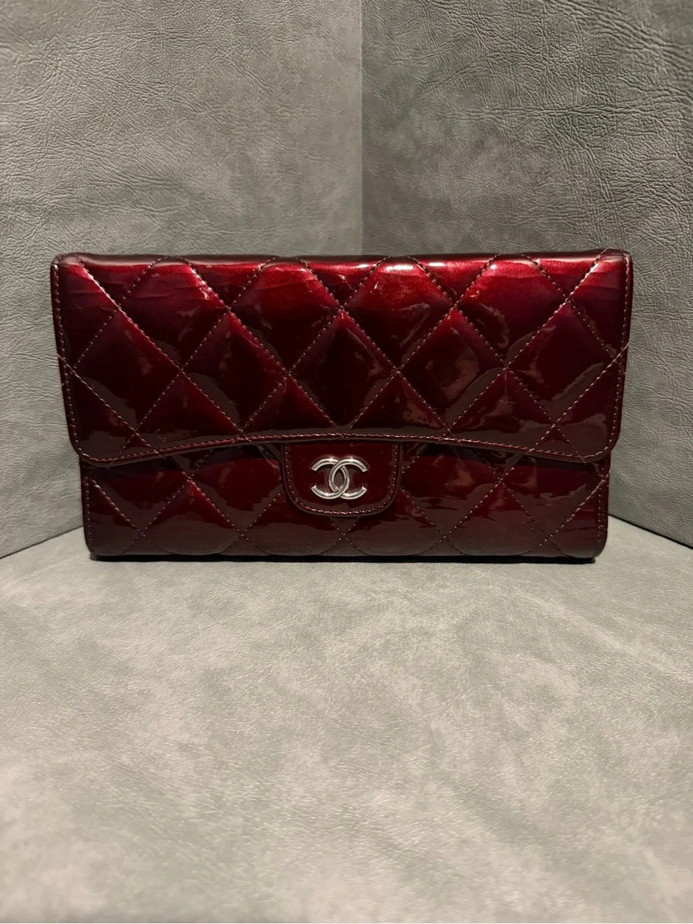 CHANEL Wine Red Medium Flap Patent Wallet Hologram w/ Chain and Authent Cert